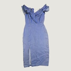Rethm Women's Ruffle Off Shoulder Denim Midi Dress Size Small Blue Slit P70